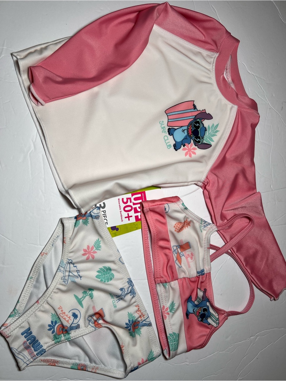Disney Kids' Lilo & Stitch Pink and White Rash Guard Bikini Set - UPF 50+
